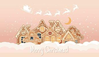 Winter landscape with cute gingerbread houses, Santa with reindeer and night sky. Merry Christmas greeting card template. Illustration in flat style. Vector