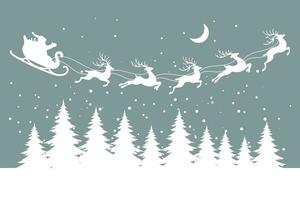Papa Noel en un trineo con renos en el cielo con el luna, invierno paisaje, blanco silueta en un pastel antecedentes. Navidad ilustración, vector