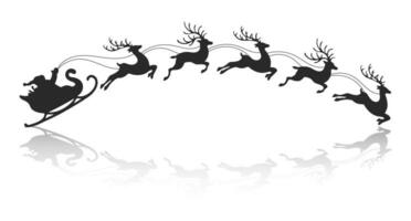 Santa on a sleigh with reindeers, silhouette with reflection on a white background. Winter illustration, vector