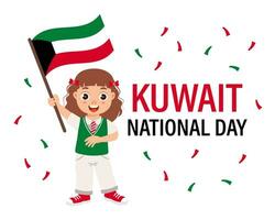 Kuwait Independence Day, Kuwait National Day. Cute little girl with Kuwait flag and confetti. Poster, vector