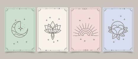 Set of esoteric mystical posters with spiritual symbols, moon, sun, stars. Templates on light and dark backgrounds, boho style. Vector