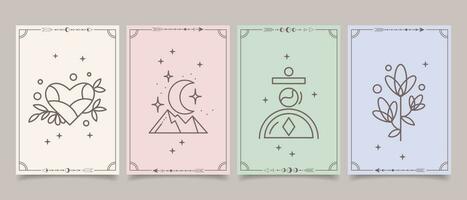 Set of esoteric mystical posters with spiritual symbols, moon, sun, stars. Templates on light and dark backgrounds, boho style. Vector