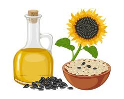Sunflower set. Sunflower oil, sunflower plant, seeds in a canvas bag, wooden spoon and bowl. Agriculture, food. Vector