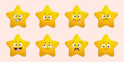 Star character set. Gold funny stars with emotions on face, cute cartoon emoji design. Vector
