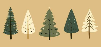 Collection of hand-drawn Christmas trees. Colorful vector illustration in flat cartoon style