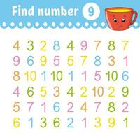 Find number. Education developing worksheet. Activity page with pictures. Game for children. Funny character. cartoon style. Vector illustration.