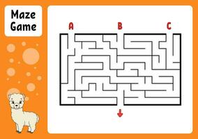 Rectangle maze. Game for kids. Three entrances, one exit. Education worksheet. Puzzle for children. Labyrinth conundrum. Find the right path. cartoon character. Vector illustration.