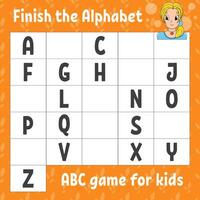 Finish the alphabet. ABC game for kids. Education developing worksheet. Learning game for kids. Color activity page. Vector illustration.