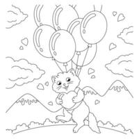 Coloring book page for kids. A cat in love flies with a gift in balloons. Valentine's Day. Cartoon style character. Vector illustration isolated on white background.