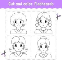Cut and color. Flashcard Set. Coloring book for kids. Cute cartoon character. Black contour silhouette. Isolated on white background. Vector illustration.