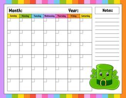 Blank calendar template for one month without dates. Colorful design with a cute character. Vector illustration.