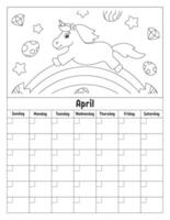 Blank calendar template for one month without dates. Colorful design with a cute character. Vector illustration.