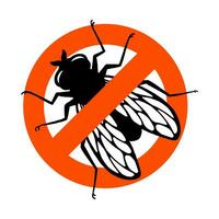 Fly insect. Prohibition sign. Black silhouette. Design element. Vector illustration isolated on white background. Template for repellent.