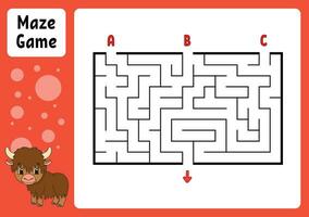 Rectangle maze. Game for kids. Three entrances, one exit. Education worksheet. Puzzle for children. Labyrinth conundrum. Find the right path. cartoon character. Vector illustration.