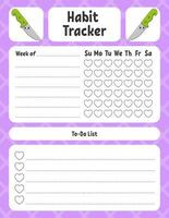 Habit tracker for kids. Sheet template for printing. With cute character. Vector illustration.