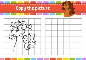 Copy the picture. Horse animal. Coloring book pages for kids. Education developing worksheet. Game for children. Handwriting practice. Coon character. vector