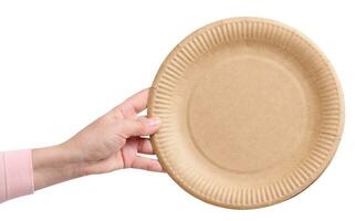 Woman's hand holding a round paper plate photo