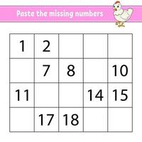 Paste the missing numbers 1-20. Game for children. Handwriting practice. Learning numbers for kids. Education developing worksheet. Activity page. Vector illustration.