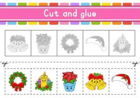 Cut and play. Paper game with glue. Flash cards. Education worksheet. Activity page. Scissors practice. Vector illustration.