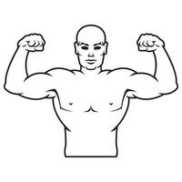 Bodybuilder strong man. Outline silhouette. Design element. Vector illustration isolated on white background. Template for books, stickers, posters, cards, clothes.