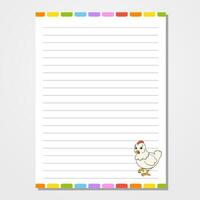 Sheet template for notebook, notepad, diary. Lined paper. Cute character. With a color image. cartoon style. Vector illustration.