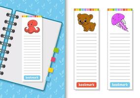 Set of paper bookmarks for books with cute cartoon characters. For kids. Isolated on white background. Vector illustration.