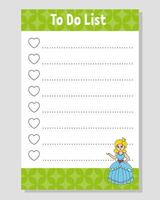 To do list for kids. Empty template. The rectangular shape. Funny character. cartoon style. For the diary, notebook, bookmark. Vector illustration.