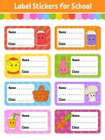 Name and class. Back to school labels. Set stickers for notebook. Bright stickers. Rectangular label. Color vector isolated illustration.