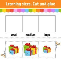 Learning sizes. Cut and glue. Easy level. Color activity worksheet. Game for children. Cartoon character. Vector illustration.