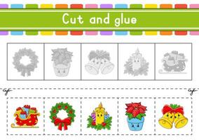 Cut and play. Paper game with glue. Flash cards. Education worksheet. Activity page. Scissors practice. Vector illustration.