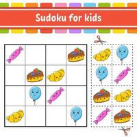 sudoku para niños. hoja de trabajo de desarrollo educativo. página de actividades con imágenes. juego de rompecabezas para niños. entrenamiento del pensamiento lógico. ilustración vectorial aislada. personaje divertido. estilo coon. vector