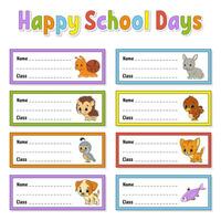 Bright stickers. Name and class. Back to school labels. Set stickers for notebook. Rectangular label. Color vector isolated illustration.