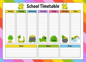 School schedule. Timetable for schoolboys. Empty template. Weekly planer with notes. cartoon character. Vector illustration.