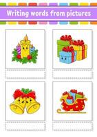 Writing words from pictures. Learn English words. Education developing worksheet. Color activity page. cartoon character. Vector illustration.