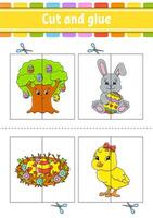 Cut and play. Paper game with glue. Flash cards. Education worksheet. Activity page. Funny character. cartoon style. Vector illustration.