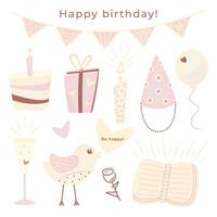 Kawaii birthday doodle set in pastel palette, cute vector stickers in light pink and yellow colors, elements for a postcard