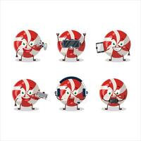 Red candy cartoon character are playing games with various cute emoticons vector