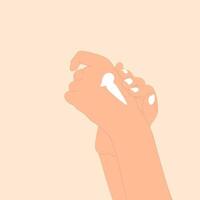 Female hand applying lotion, cream to the other hand,testing product texture. vector
