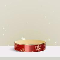 Abstract mock up scene. snowflakes seamless pattern red and gold metal podium for show cosmetic product display. stage pedestal or platform. winter Christmas white background. 3D vector