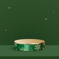 Abstract mock up scene. snowflakes seamless pattern green and gold metal  podium for show cosmetic product display. stage pedestal or platform. winter green Christmas white background with. 3D vector