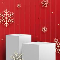 Abstract minimal mock up scene. geometry white podium for show cosmetic product display. stage pedestal or platform. winter Christmas red background with snowflakes. 3D vector