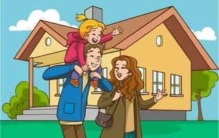 Happy family in front of their new house. Vector cartoon illustration.