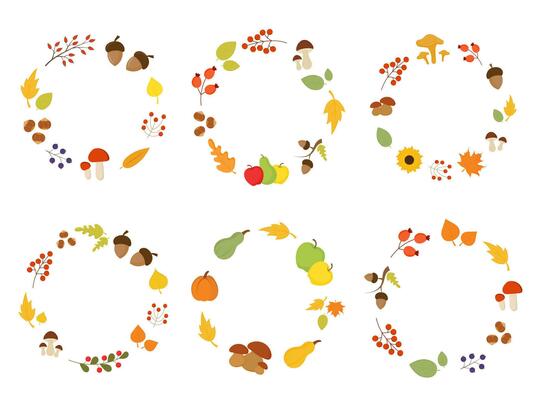 Collection of vector autumn frames with leaves, berries, mushrooms and hand drawn calligraphy lettering. Fall decorations set. For cards, gift tags, labels, stickers.