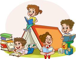 ilustración de niños aprendizaje y leyendo libros fuera de tienda vector