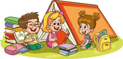 ilustración de niños aprendizaje y leyendo libros fuera de tienda vector