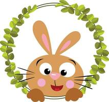 Friendly bunny peeking out of round leaves frame vector