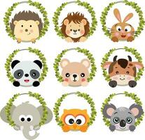 Set of friendly animals peekig out of round leaves frame vector