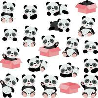 Set of digital elements with cute baby panda vector