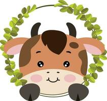 Friendly cow peeking out of round leaves frame vector