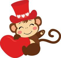 Adorable monkey with red hat and a red heart vector